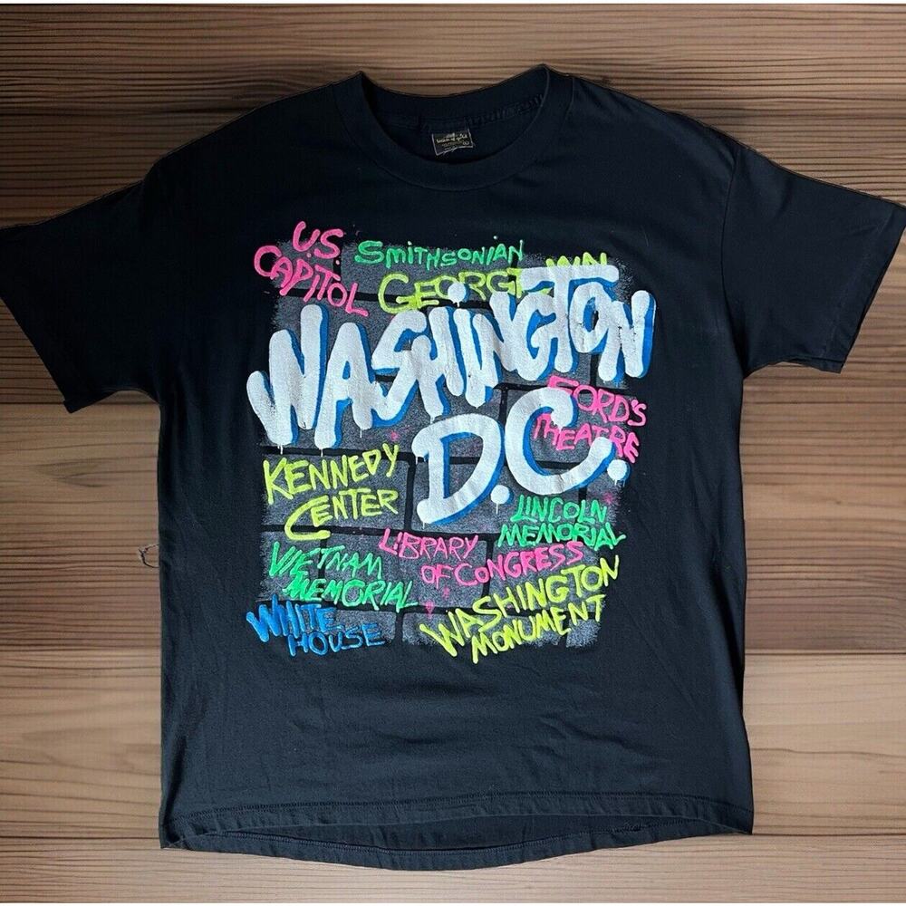 Vintage Washington DC Shirt Large Black 80s DMV Spray Paint Graffiti Memorial